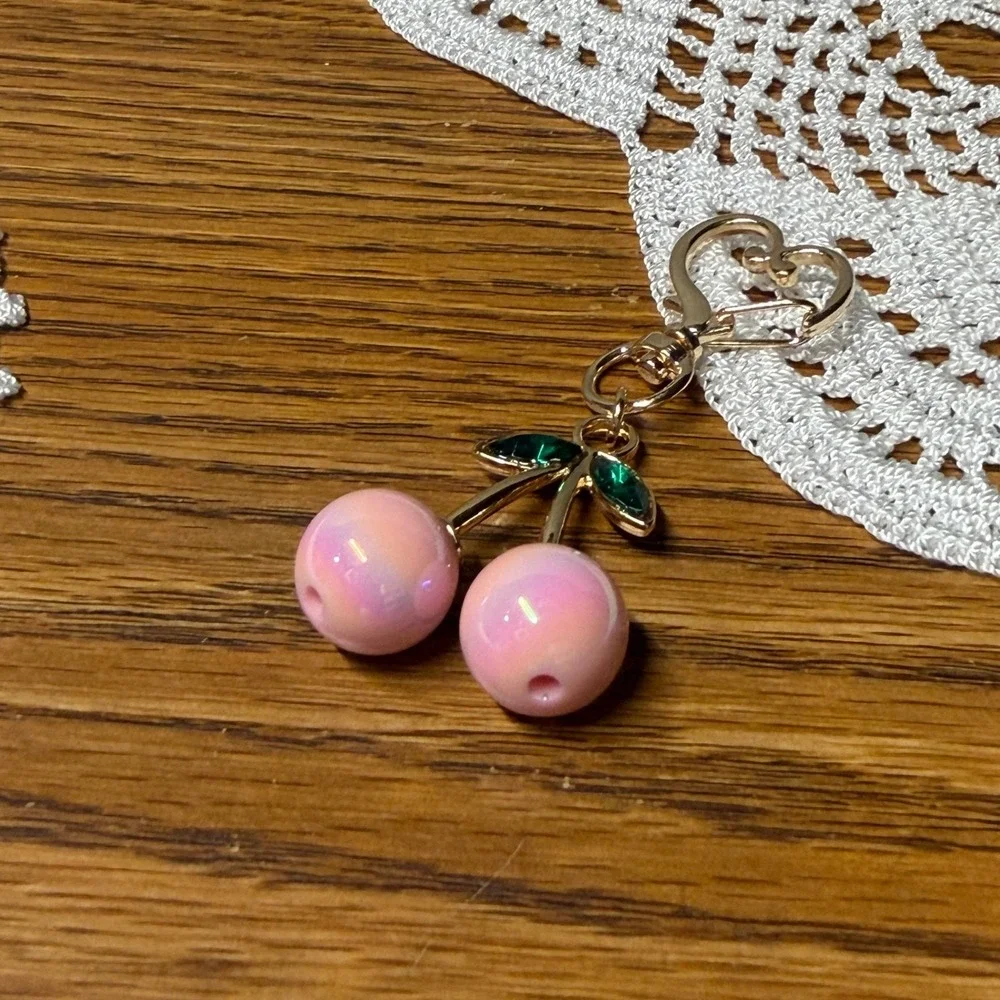 Pink Iridescent Cherry Bag Charm Gold Heart Clasp Keychain Coquette Accessory